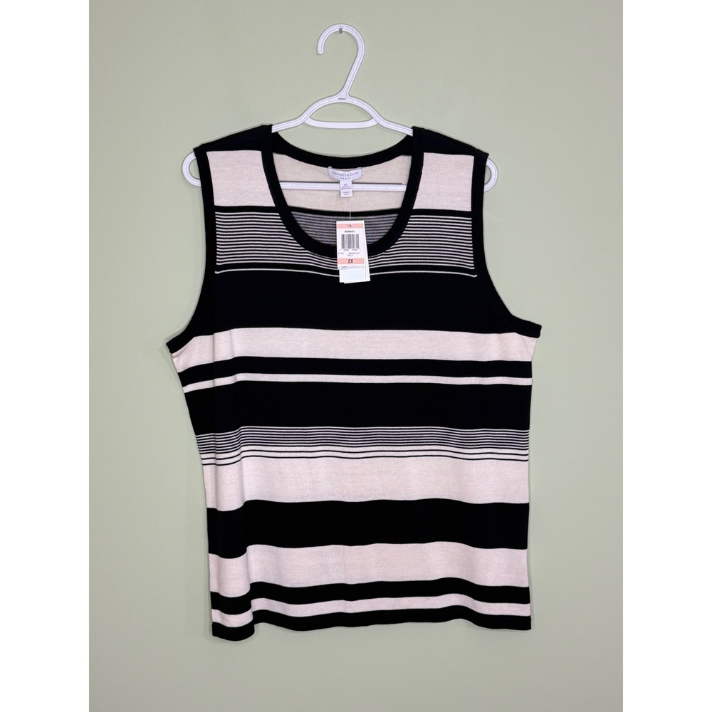 NEW Charter Club Woman 2X Silk Cotton Striped Sleeveless Knit Top Black White